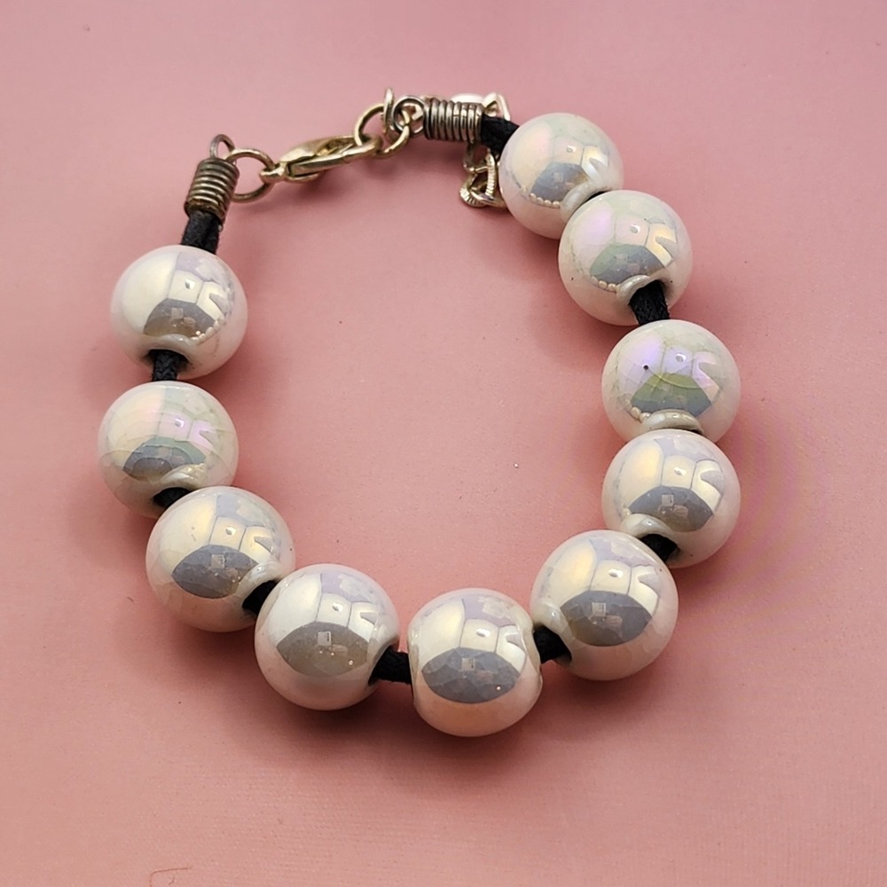 White Iridescent Ceramic Bead Bracelet Black Cord Chunky Boho Statement Jewelry